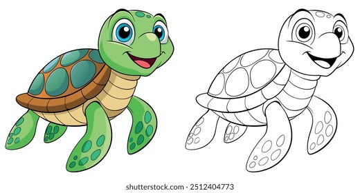 Linda tortuga de mar página para colorear de dibujos animados para niños