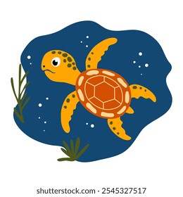 A cute sea turtle. Cartoon, doodle. Character. A flat vector illustration, a simple naive drawing for a children's print.