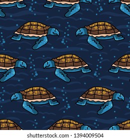 Cute sea turtle cartoon seamless vector pattern. Hand drawn endangered ocean life tile. All over print for animal conservation blog, nautical graphic, world turtle day.