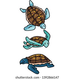 Cute sea turtle cartoon vector illustration motif set. Hand drawn isolated endangered ocean life elements clipart for animal conservation blog, shell graphic, world turtle day web buttons.