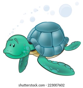 Cute Sea Turtle Character. Great illustration of a Cute Cartoon Sea Turtle swimming along in the sea.