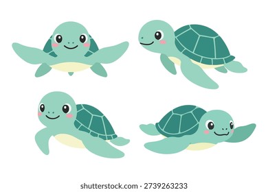 Cute Sea Turtle Character Set in Various Swimming Poses, Kawaii Green Turtle Mascot Collection, Adorable Marine Animal Vector Illustration for Kids