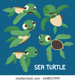 Cute sea turtle in different positions.  Vector kids illustration