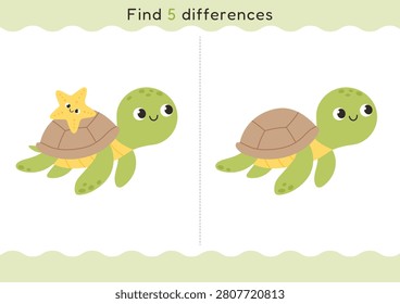 Cute sea turtle find five differences game for kids. Educational preschool puzzle with two marine animal that develops observation, attention and visual perception. Printable learning worksheet