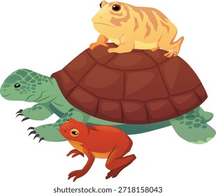 Tartaruga marinha bonita com sapos. Tartaruga com sapos. Animais de terrário. Ilustração plana vetorial de animais répteis. Vida selvagem oceânica. Réptil de estimação exótico, animal anfíbio