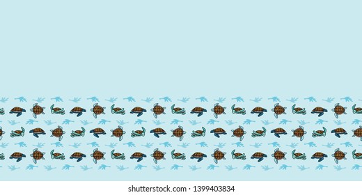 Cute sea turtle group grid cartoon seamless vector border. Hand drawn endangered ocean life tile. All over print for animal conservation blog, nautical graphic, world turtle day.