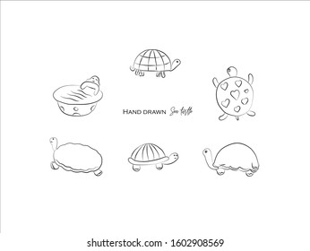 cute sea turtle hand drawn icon vector set line art, Doodle Cartoon Animals in black and white style, Perfect for invitations,greeting cards, prints, posters