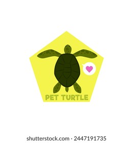 Lindo icono de hexágono de tortuga marina. Caricatura feliz personaje de la tortuga verde. Ilustración plana de Vector de animal de reptil marino. Vida silvestre del océano, mascota adorable del anfibio exótico con el signo del corazón