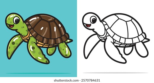 A cute sea turtle illustration in cartoon style for coloring book