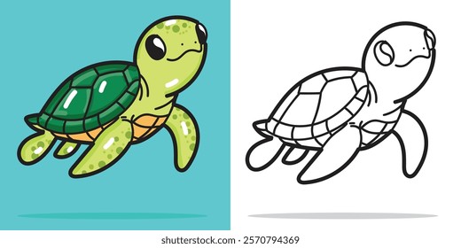 A cute sea turtle illustration in cartoon style for design element or coloring book element