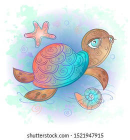 Cute sea turtle. Ocean world. Watercolor. Vector.