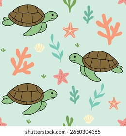 Cute sea turtle seamless pattern swimming among coral reefs starfish seaweed and shells, perfect for wallpaper.