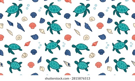 Cute sea turtle and seashells repeating background pattern with seamless