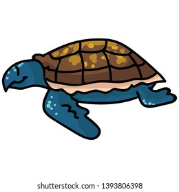 Cute sea turtle side cartoon vector illustration motif set. Hand drawn isolated endangered ocean life elements clipart for animal conservation blog, shell graphic, world turtle day web buttons.