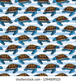 Cute sea turtle stripe cartoon seamless vector pattern. Hand drawn endangered ocean life tile. All over print for animal conservation blog, nautical graphic, world turtle day.