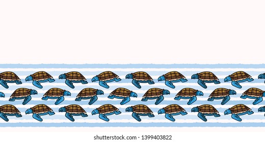 Cute sea turtle stripe cartoon seamless vector border. Hand drawn endangered ocean life tile. All over print for animal conservation blog, nautical graphic, world turtle day.