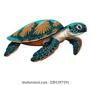 Cute sea turtle swimming in tropical waters over white