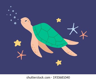 Cute sea turtle swimming in water among starfishes. Funny marine tortoise in ocean. Childish colored flat cartoon vector illustration of adorable underwater creature