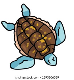 Cute sea turtle top view cartoon vector illustration motif set. Hand drawn isolated endangered ocean life elements clipart for animal conservation blog, shell graphic, world turtle day web buttons.