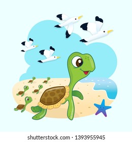 Cute sea turtles heading to the ocean with seagull and starfish.