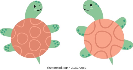 Cute sea turtles set with a beautiful shell with abstract lines. Design element for children, textiles, clothing, cards, posters. Children's character. Marine animal underwater swimming in ocean