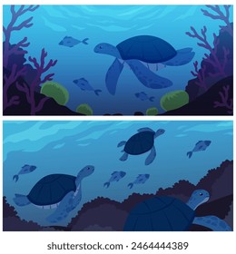 Cute sea turtles in underwater sea landscape. Ocean bottom wild life with fish, corals and algae. Cartoon vector flat illustrations set of marine reptile animal, exotic amphibian