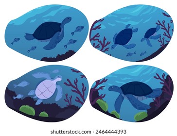 Cute sea turtles in underwater sea landscape. Ocean bottom wild life with fish, corals and algae. Cartoon vector flat illustrations set of marine reptile animal, exotic amphibian in decorative frame