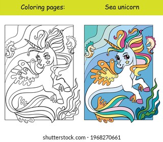 Cute sea unicorn with long mane and tail. Coloring book page for children with colorful template. Vector cartoon isolated illustration. For coloring book, education, print, game, decor, puzzle, design