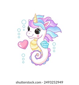 Lindo unicornio de mar con una melena de arco iris y un corazón. Aislado sobre un fondo blanco. Para el diseño infantil de estampados, carteles, tarjetas, pegatinas, camisetas, tazas, puzzles, etc. Ilustración vectorial