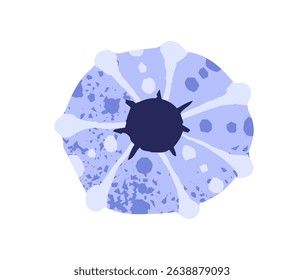 Cute sea urchin with round shape. Icon of blue undersea hedgehog. Tropical fauna, exotic underwater patterned animal, mollusk. Ocean decoration. Flat isolated drawing vector illustration on white