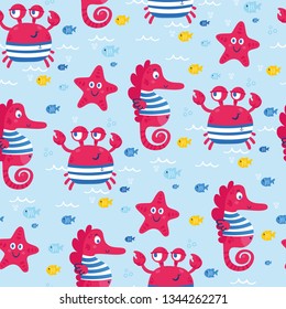 Cute sea vector animals of the deep: fish, crab and sea horse.  Cartoon seamless pattern on a color background. It can be used for backgrounds, surface textures, wallpapers, pattern fills