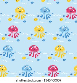 Cute sea vector animals of the deep: fish and jellyfish.  Cartoon seamless pattern on a color background. It can be used for backgrounds, surface textures, wallpapers, pattern fills