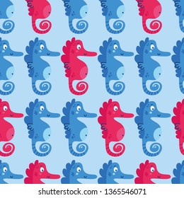 Cute sea vector animals of the deep. Cartoon seamless pattern on a color background. It can be used for backgrounds, surface textures, wallpapers, pattern fills
