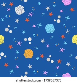 Cute sea vector seamless pattern with sea shell and pearl. Kawaii tropical marine backdrop in flat style for kids textile or wrapping paper on blue navy background