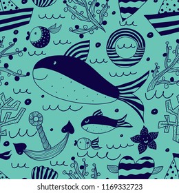Cute sea. Vectorseamless pattern.  Cartoon marine icons. Kid's elements for scrap-booking. Childish background. Hand drawn vector illustration.