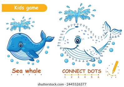 Cute sea whale, connect dots numbers children education puzzle game. Blue swim fish. Ocean water animal character. Draw picture join dotted line. Coloring page. Kid learning activity worksheet. Vector