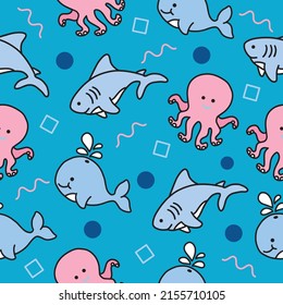 cute sea whale octopus and shark animal seamless pattern wallpaper with design light sea blue background.