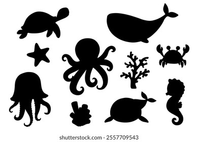 Cute sea whale, octopus and turtle silhouette. Ocean underwater animals