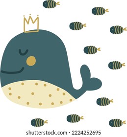 Cute sea whale, vector illustration for design, print, pattern, isolated on white background