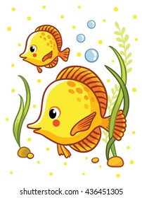 Cute sea yellow  two fishes  in vector illustration. Tropical reef fish isolated on white background. Kids fish.