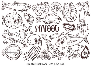 Cute seafood collection with cartoon faces. Isolated doodle cliparts. Vector illustration.