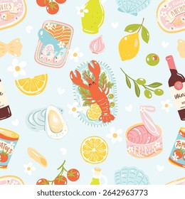 Padrão sem emenda de piquenique de frutos do mar bonito com lagosta e comida enlatada em estilo pastel