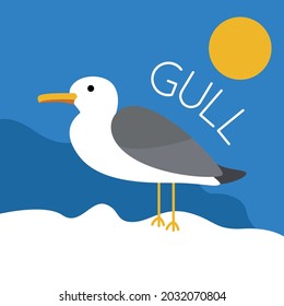 Cute seagull against the background of the sky and the sun. Bird and animals. Vector flat illustration