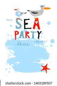 Cute seagull and albatross dressed in a vest. Funny sea birds - sailors. Nautical hand drawn vector illustration for kids.  Cartoon flat marine background. Pencil texture. Childish drawing. Sea party.