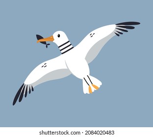 Cute Seagull as Arctic Animal Flying with Fish in Its Bill Vector Illustration