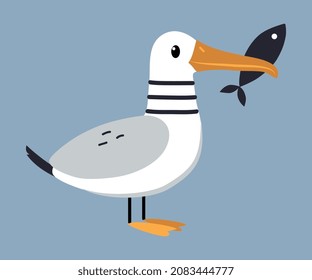 Cute Seagull as Arctic Animal Holding Fish with Its Bill Vector Illustration