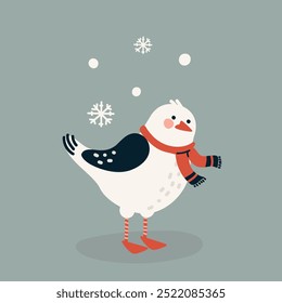 cute seagull bird in scarf illustration flat style, on gray background.