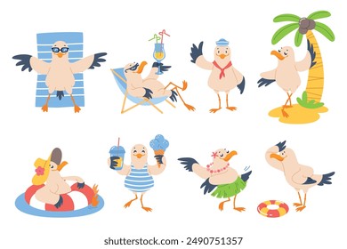 Cute seagull character. Cartoon travel agency mascot, marine bird, summer beach holidays, different actions, poses and emotions, palm tree and swimming in sea, vector isolated set