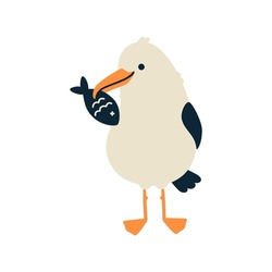 Cute Seagull Character. Isolated On White Background. Cartoon Hand Drawn Vector Illustration.