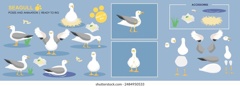 Cute Seagull character with multiple poses and assets, ready to rig for animation, cartoon character, sea life, birds, chips, sea birds, vector collection. 